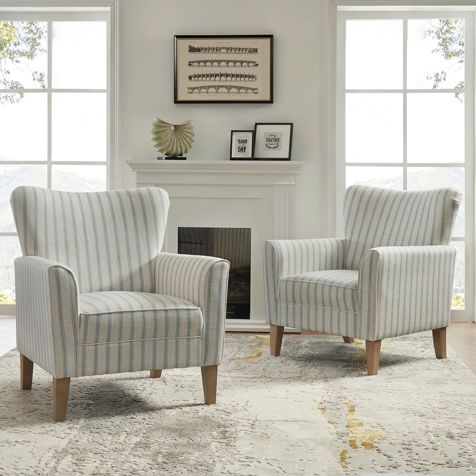 HULALA HOME Warren Farmhouse Striped Wingback Chair with Solid Wood Legs Set of 2 by  BLUE