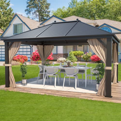 MELLCOM 12'x16' Hardtop Gazebo, Galvanized Steel Metal Double Roof Canopy with Curtains and Netting, Brown Permanent Pavilion Gazebos with Aluminum Frame for Garden, Patio, Lawns, Deck