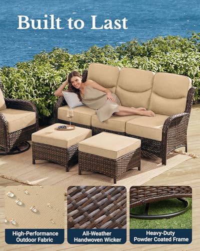 Luxury Patio Furniture Set with 6-inch Thick Cushion, Outdoor Couch and High Back Swivel Rocker Patio Chairs, 7PCS Wicker Conversation Set for Deck, Yard, and Poolside in Blue (V2)