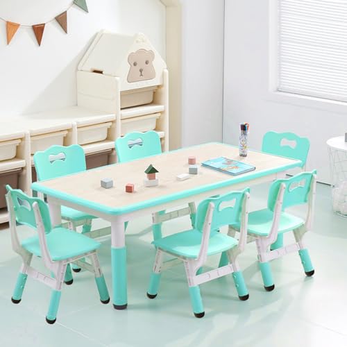 Kids Table and Chairs Set, Height Adjustable Desk With 6 Seats for Ages 2-10,Arts & Crafts Table,Graffiti Desktop, Non-Slip Legs, Max 300lbs, Children Multi-Activity Table for Classrooms,Daycares,Home