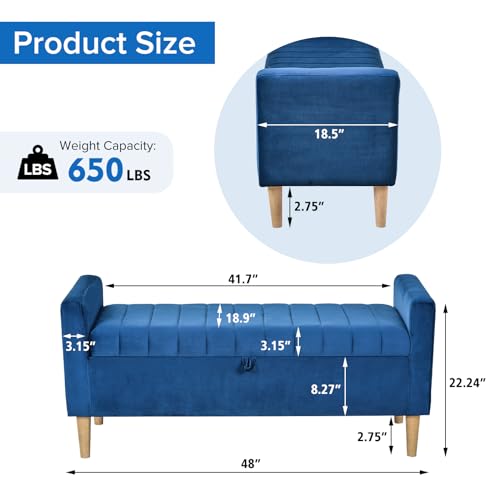 48" Upholstered Storage Ottoman with Arms Bench Modern Velvet Bench for Entryway, Bedroom, Living Room (Gray)