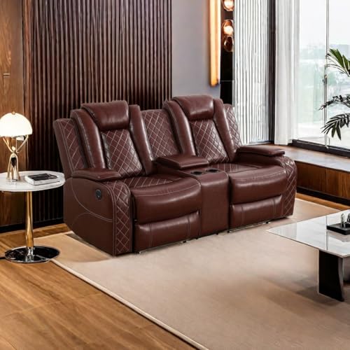 A Ainehome Leather Power Recliner Sofa Set,Leather Sofa Set Reclining Couch with Wireless Charger and Loveseat Theater Seating,Home Electric Recliner Chair with LED Light,Brown