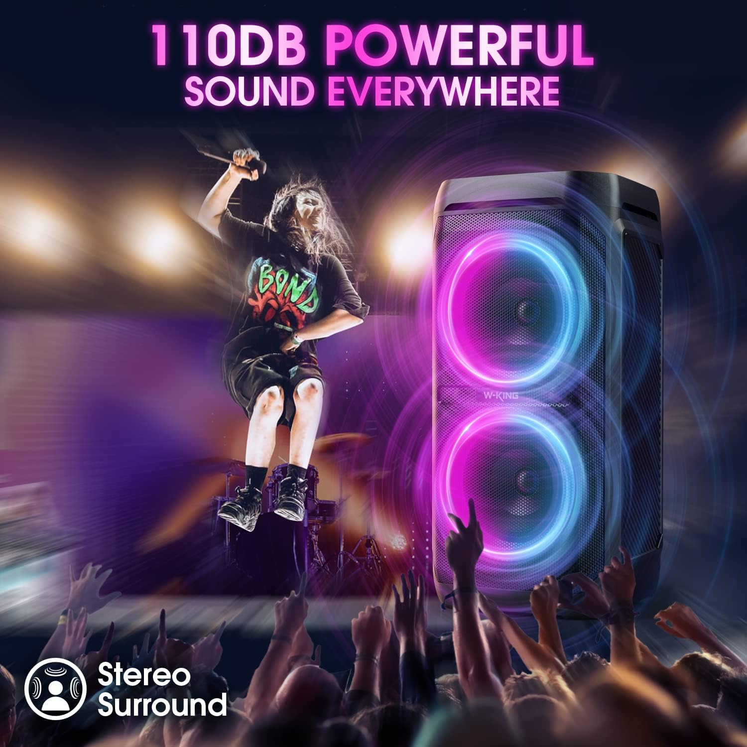W-KING 220W Peak 100W RMS Bluetooth Speakers, IPX6 Waterproof, V5.3 Portable Party Boombox Speaker Wireless Deep Bass/115dB Loud Massive Sound,Karaoke Outdoor LED Lights/Mic & Guitar Port/Echo/USB/EQ