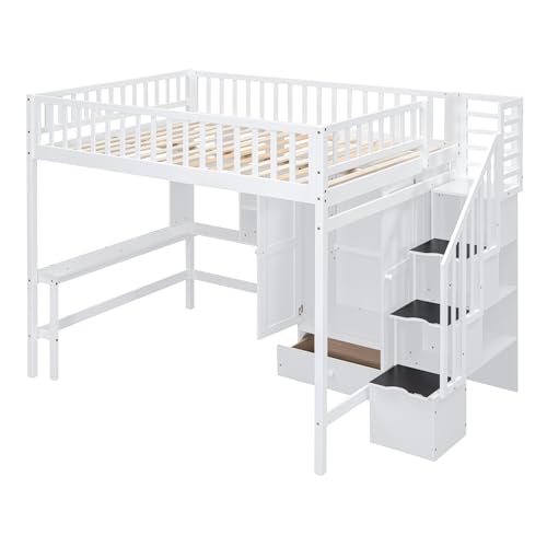 Full Size Loft Bed with Wardrobe Desk Storage Stairs, Wood Loft Bed Frame with Bookcase and Drawers, High Loft Bedframe for Kids Teens Adults, No Box Spring Needed, Espresso