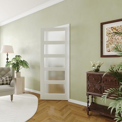5-Lite Frosted Glass French Door, 30"x 80", Interior Door Panels for Closet & Bedroom, Single Pantry Door Slab - Assembly Required, MDF, White Primed