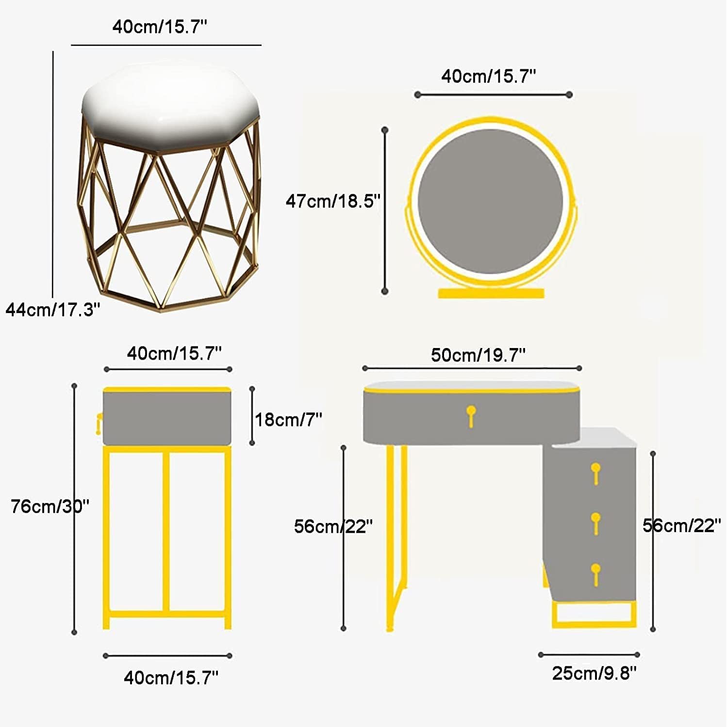 Vanity Desk with Lighted Mirror Fashion Dressing Table Set with Adjustable Cabinet Vanity Table Slate Tabletop Makeup Table ()