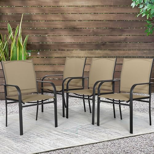 Outdoor Wrought Iron Dining Chairs Set of 4, Patio Textilene Dining Chair with High Backrest, Metal Frame Furniture Chairs with Armrests for Deck, Yard, Backyard, Lawn, Poolside (Dark Blue)