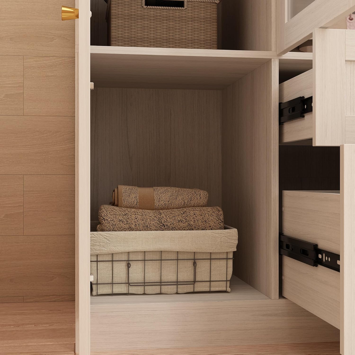 Homsee Armoire Wardrobe Closet with 4 Frosted Glass Doors, Hanging Bars, Shelves & Drawers, Wooden Closet Storage Cabinet for Bedroom, Warm Grey (63”L x 19.7”W x 70.9”H)