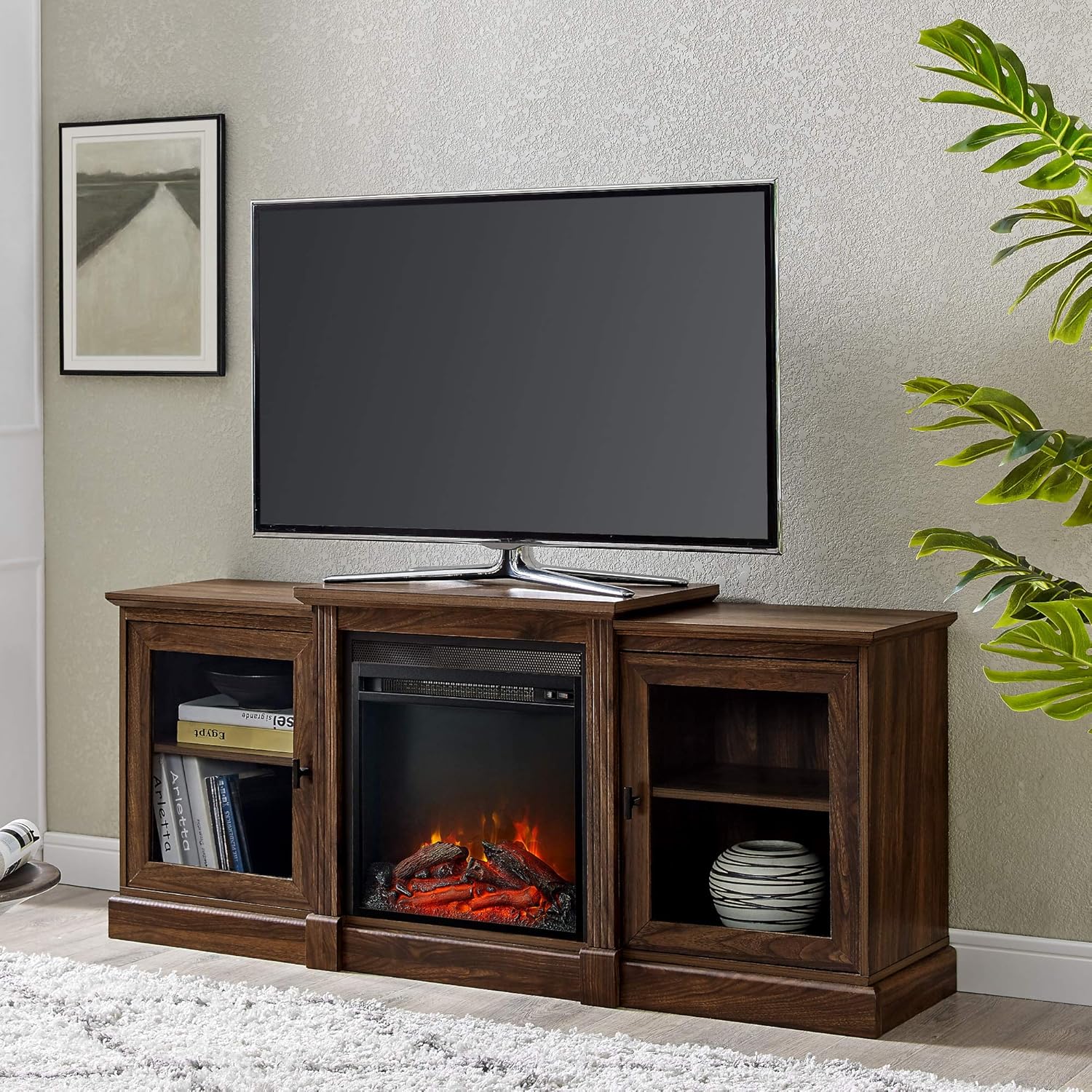 Walker Edison Alcott Classic Glass Door Fireplace Corner TV Stand for TVs up to 55 Inches, 48 Inch, Espresso