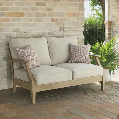 Signature Design by Ashley Carter Hall Outdoor Eucalyptus Patio Sofa with Cushion, Beige