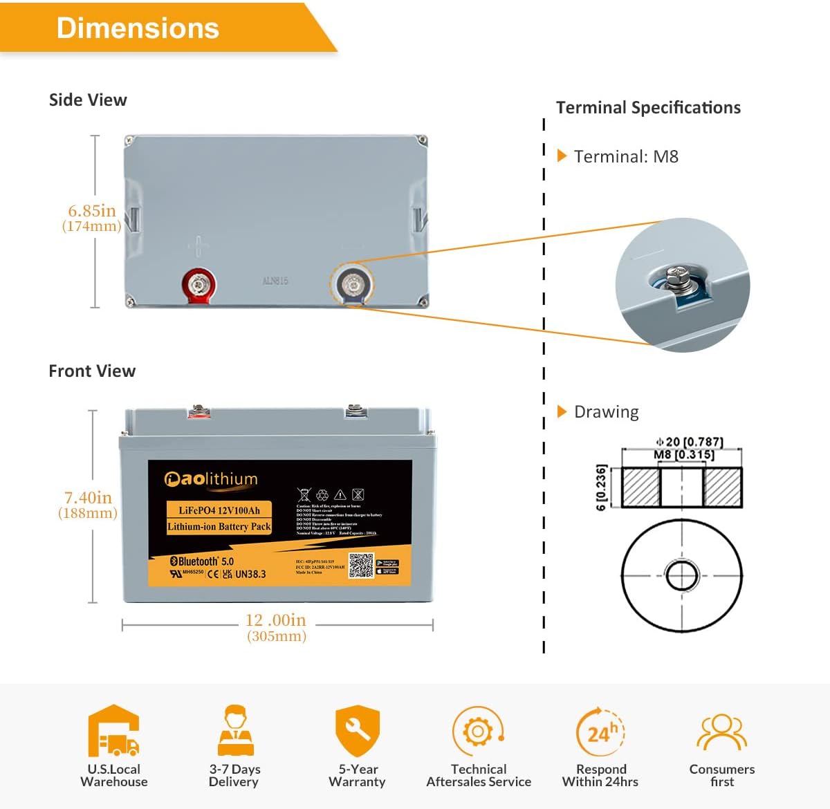 Aolithium 100ah Lithium Battery 12V LiFePO4 Battery with Bluetooth APP 4000 Cycles Maintenance-FreeBattery with Built-in BMS Perfect for RV Solar Marine UPS Off-Grid Applicatins