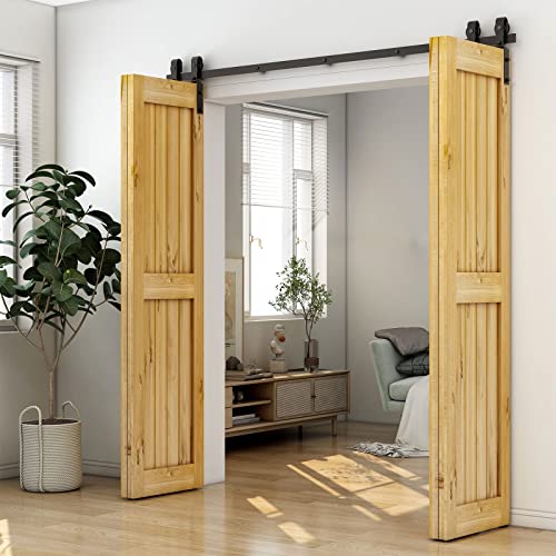 14FT Bi-Folding Sliding Barn Door Hardware Kit for 4 Doors,Slide Smoothly Quietly,Black Track J Shape Roller,No Door