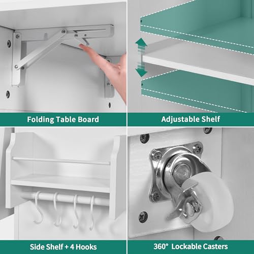 YITAHOME Kitchen Island with Stainless Steel Top & Drop Leaf, 47 Inch Kitchen Island on Wheels with Power Outlet, Rolling Portable Mobile Kitchen Cart w Storage Drawer Cabinet Counter Metal Top, White