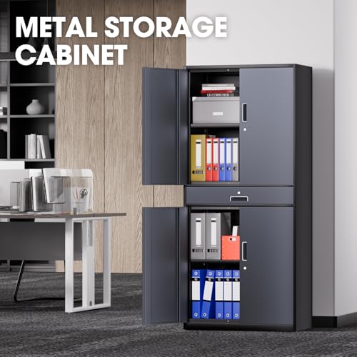 DNA MOTORING 71'' Metal Storage Cabinet, Locking Tool Cabinet with 1 Drawer and Adjustable Shelves, Lockable Heavy Duty Metal Locker for Garage,Office,Home,Gym, Gray, TOOLS-00629-GY-GY-A