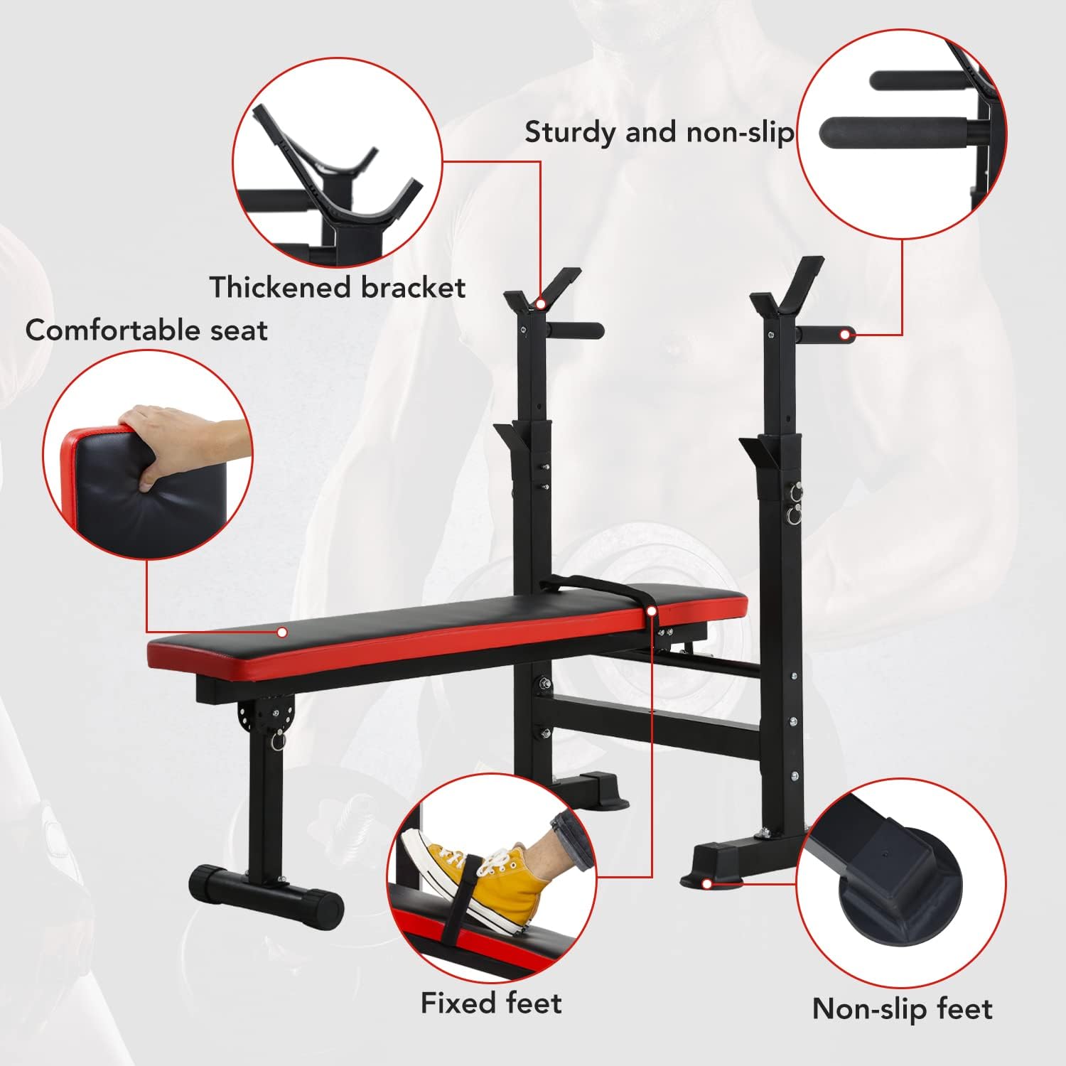 PayLessHere Adjustable Weight Bench with Barbell Rack,Bench Press Folding Multi-Function Workout Bench with Dip Station & Curl Bar, Weight Lifting Bench Strength Training Bench for Home Gym