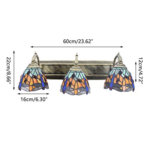 TFCFL Tiffany Victorian Wall Sconce, 3-Light Vanity Light Fixtures Stained Glass Lampshade Dragonfly Over Mirror Lamp for Bathroom Bedroom Living Room Hotel