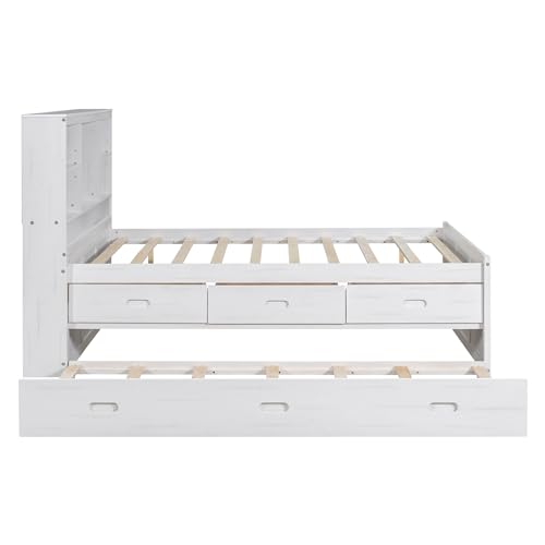 Full Size Platform Bed Bookcase Captain Bed with 6 Drawers and Bed End Storage Case, Wood Captain Platform Bed Frame with Storage Headboard, Sturdy Slat Support (Grey-4)