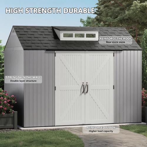 Large Resin Outdoor Storage Shed with Floor (7-10.5 Ft) - Weatherproof Double Wall Construction for Lawn Mowers, Garden Tools, Bike & Pool Supplies, Lockable (Brown, 7x7 FT)