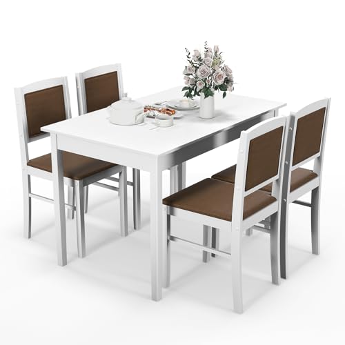 GOFLAME 5-Piece Dining Table Set for 4, Rectangular Kitchen Table & 4 Chairs with Solid Wood Legs, Padded Seat & Backrest, Upholstered Dinette Set for Dining Room, Breakfast Nook, Restaurant, White