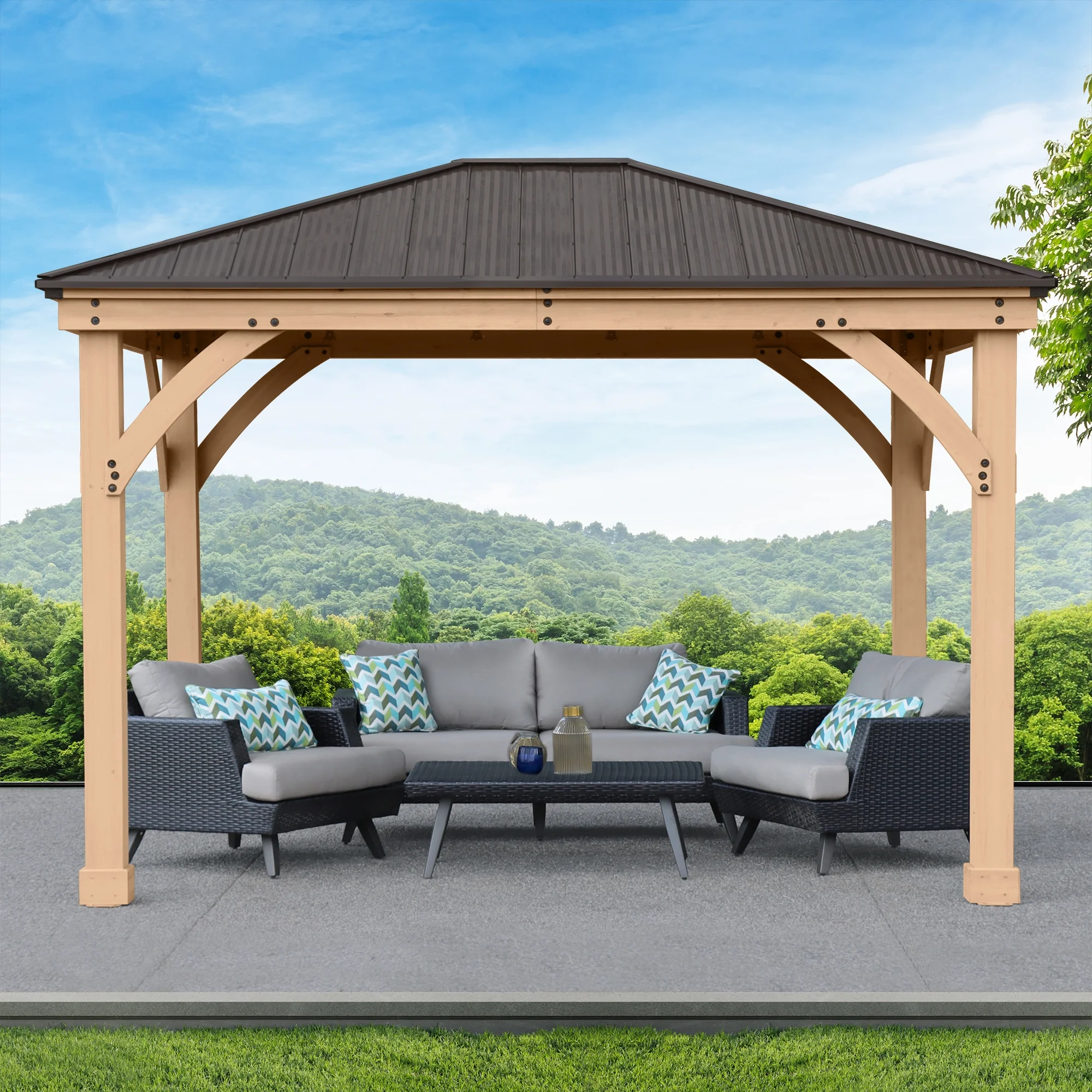 Yardistry 10 ft. × 12 ft. Meridian Cedar Gazebo with Aluminum Roof