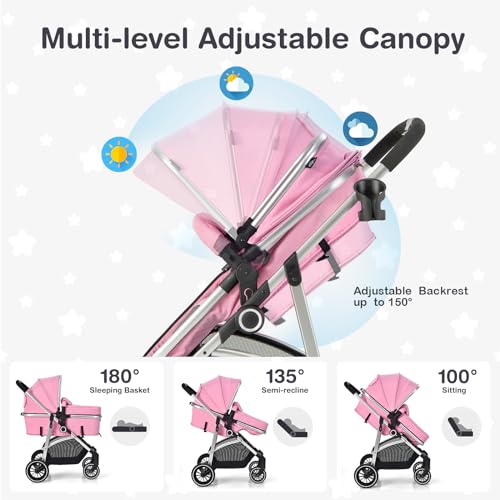 BABY JOY 2 in 1 Convertible Baby Stroller, High Landscape w/Reversible Seat, Removable Footmuff, Adjustable Backrest & Canopy, Foldable Infant Pram Stroller for 0-36 Months Babies, Pink