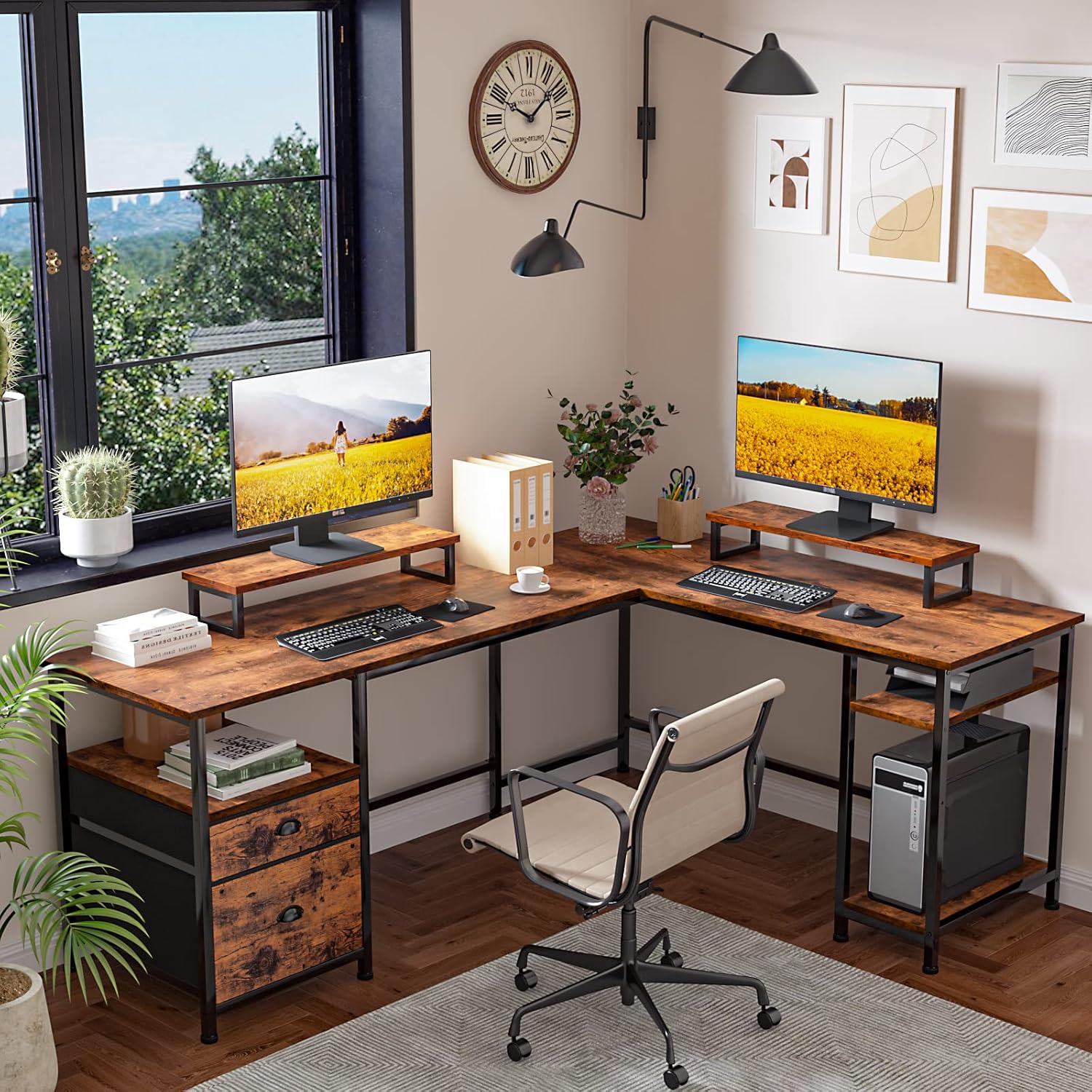 Furologee 66" L Shaped Computer Desk and Nightstand, Corner Gaming Desk with File Drawer and Dual Monitor Stand, End Table with Charging Station and Drawers, for Home/Office
