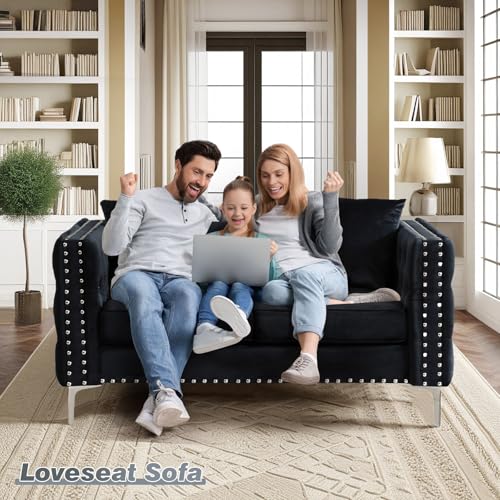 Antetek Velvet Sofa Set for Living Room, Modern Upholstered Loveseat and 3 Seater Cloud Sofa Couches w/Crystal Buttons/Pillows for Living Room, Apartment, Office, Furniture Sets, Blue(2 Pieces)