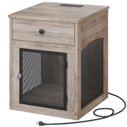 HOOBRO Dog Crate Furniture, Dog Kennel with Drawer and Charging Station, Indoor Decorative Puppy House, Wooden Pet Crate End Table for Small Dogs, Rustic Brown and Black BF58UGW03G1