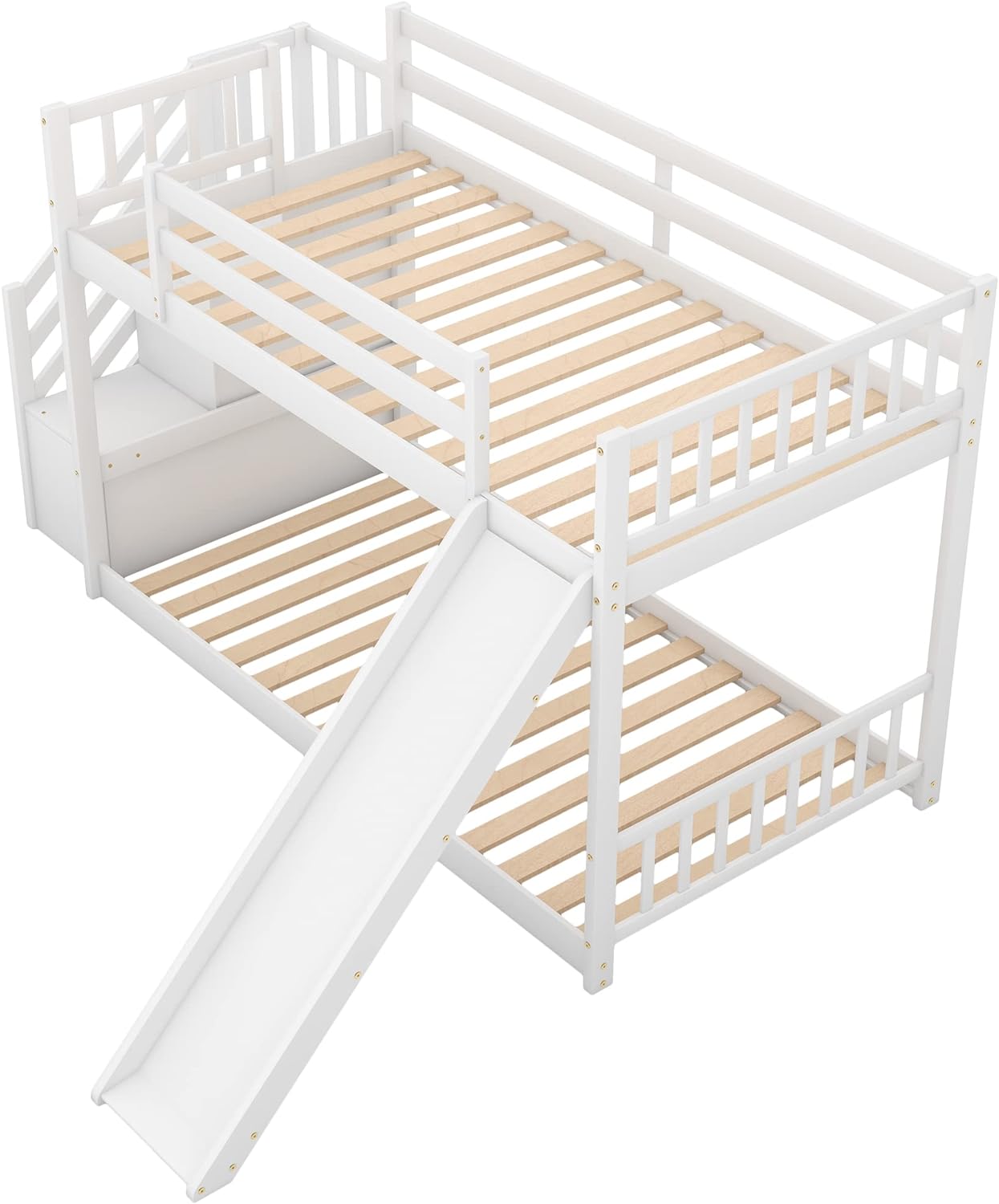 Kids Bunk Bed With Stairs, Over Bunk Bed With Stairs And Slide, Low Bunk Bed For Toddlers Wood, Bunk+Bed+With+Slide, White
