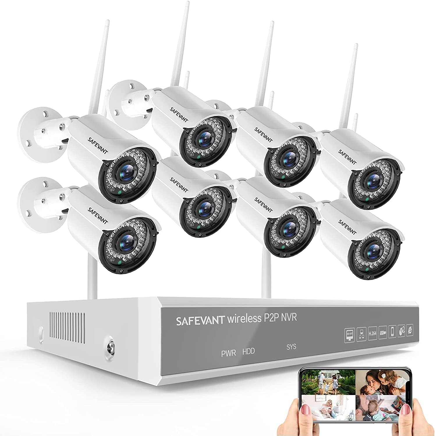 1080P Wireless Home Security Camera System,SAFEVANT 8 Channel Outdoor Indoor Wireless NVR Systems 8PCS 2MP Home Surveillance IP Cameras Night Vision Motion Detection,NO Hard Drive