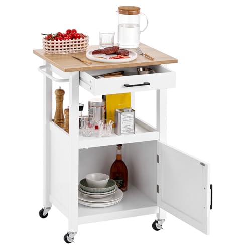 VEVOR Kitchen Island Cart with Solid Wood Top, 35.4" Width Mobile Carts with Storage Cabinet, Rolling Kitchen Table with Spice Rack, Towel Rack, and Drawer, Portable Islands on Wheels, White