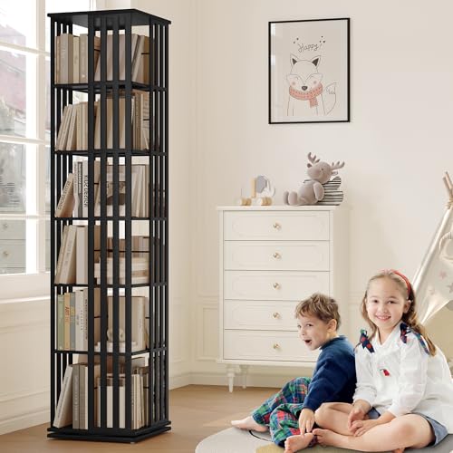 Rotating Bookshelf Tower, 360 Display Spinning Bookcase, Bamboo Bookshelf Floor Standing Storage Rack, Wood Narrow Book Shelf Organizer for Kids&Adults, Walnut 6 Tier