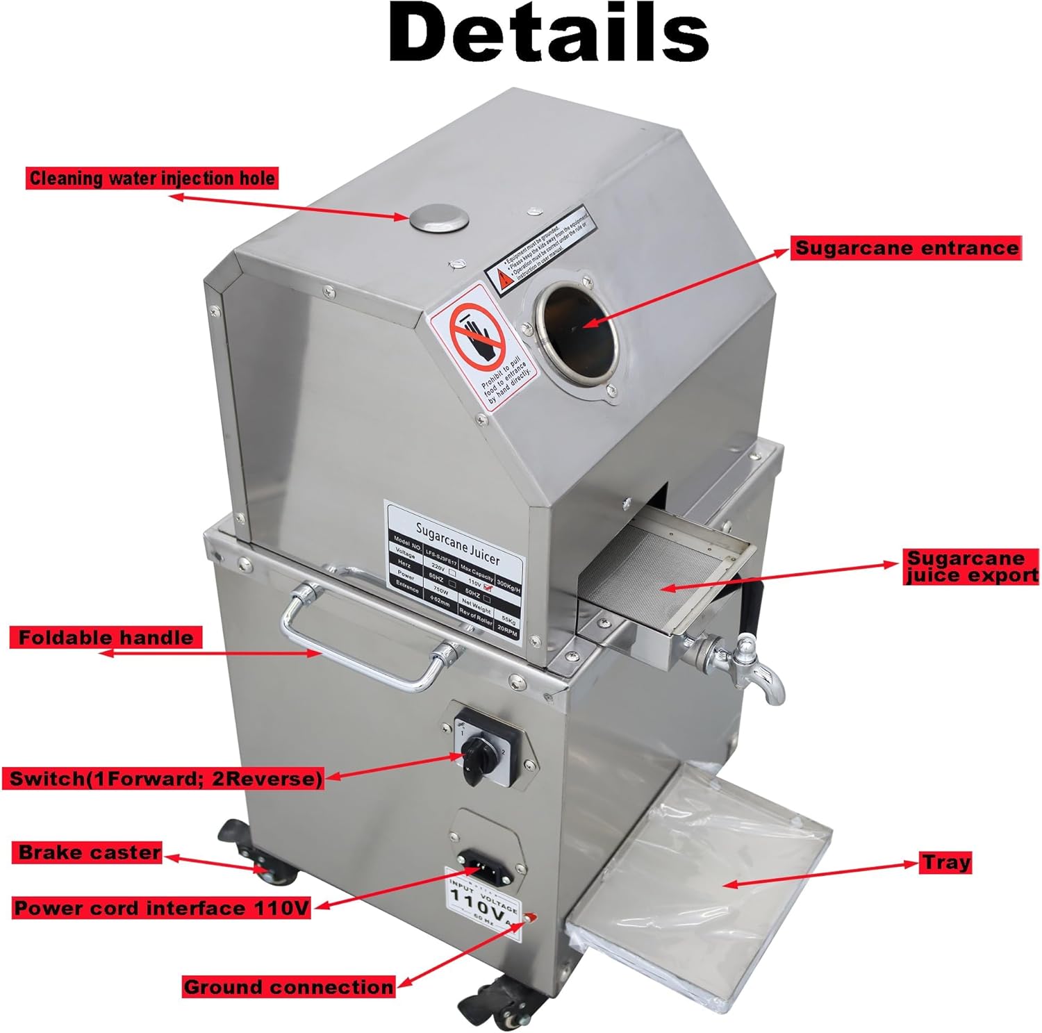 Sugar Cane Juicer Electric Sugarcane Press Vertical Sugar Cane Ginger Press Juicer Sugarcane Juice Extractor 3 Stainless Steel Rollers Juice Press Machine 300Kg/H with 2 Knives 110V