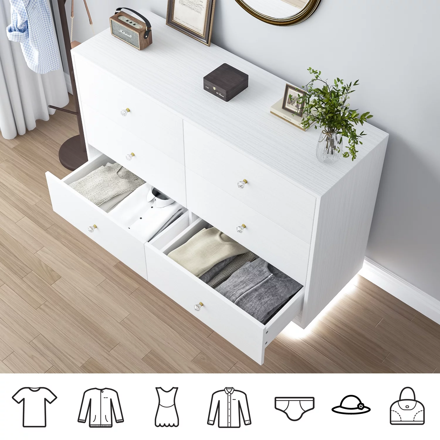 4 EVER WINNER Dresser with LED Light for Bedroom, White 6 Drawers Dresser, Modern Storage Cabinet Chest of Drawer for Bedroom, White
