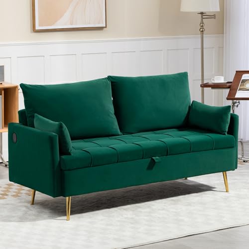 60'' Loveseat Sofa Couch with Storage, Modern Loveseat Couch with 4 Pillows & Metal Legs, 2 Seater Sofa with USB & Type C for Living Room,Bedroom, Apartment(Grey-Blue)