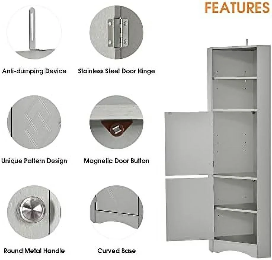 TJUNBOLIFE Corner Cabinet with Doors  Corner Bathroom  Cabinet with 2 Adjustable Shelves  Freestanding Bathroom Floor Corner Cabinet for Kitchen  Bathroom  Living Room (Gray)