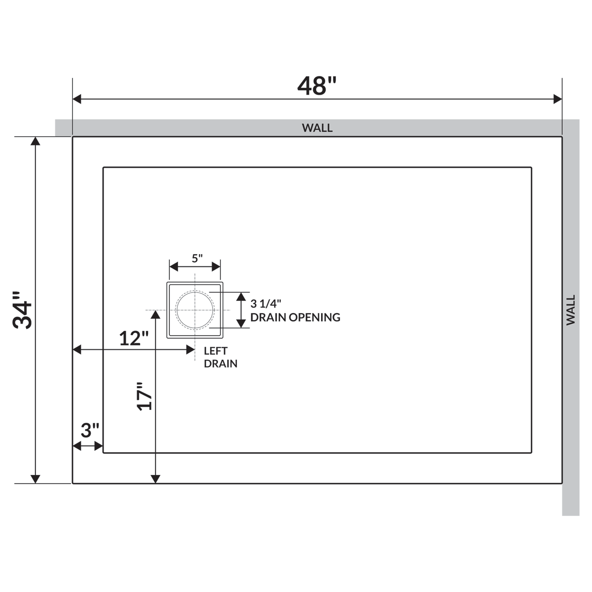 LessCare 48 x 34 Single/Double Threshold Shower Base Pan Right/Left Drain, White