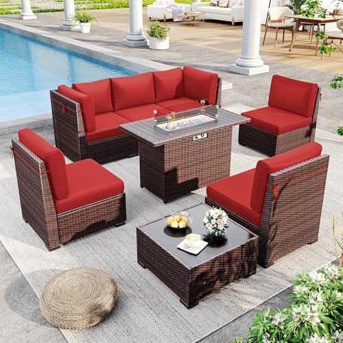 Outdoor Patio Furniture Set with 44" Fire Pit Table 8 Pieces Rattan Patio Sectional Sofa Conversation Set w/55000 BTU Propane Gas Fire Pit, Coffee Table, 2 Waterproof Covers, Grey