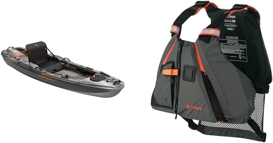 Pelican Catch Classic 100 Fishing Kayak - Angler Kayak with Lawnchair seat - 10 Ft. - Forest Mist & Onyx MoveVent Dynamic Paddle Sports Life Vest, Orange, XL/2XL