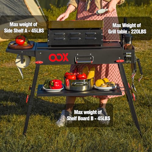 Portable Grill Table with Double-Shelf for Outdoor Prep,Folding Grill Stand Fits Blackstone Griddle 17 Inch 22 Inch, Tabletop Propane Gas Grill Cart, Camping BBQ Cooking, Stainless Steel, Black