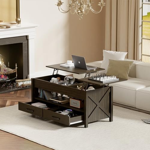 Lift Top Coffee Table for Living Room with Hidden Storage Compartment 2 Lift Tabletops Drawers and Shelf Modern Farmhouse Center Table, 47.2" Wood Rising Coffee Table, 475LBS Max Weight, Black