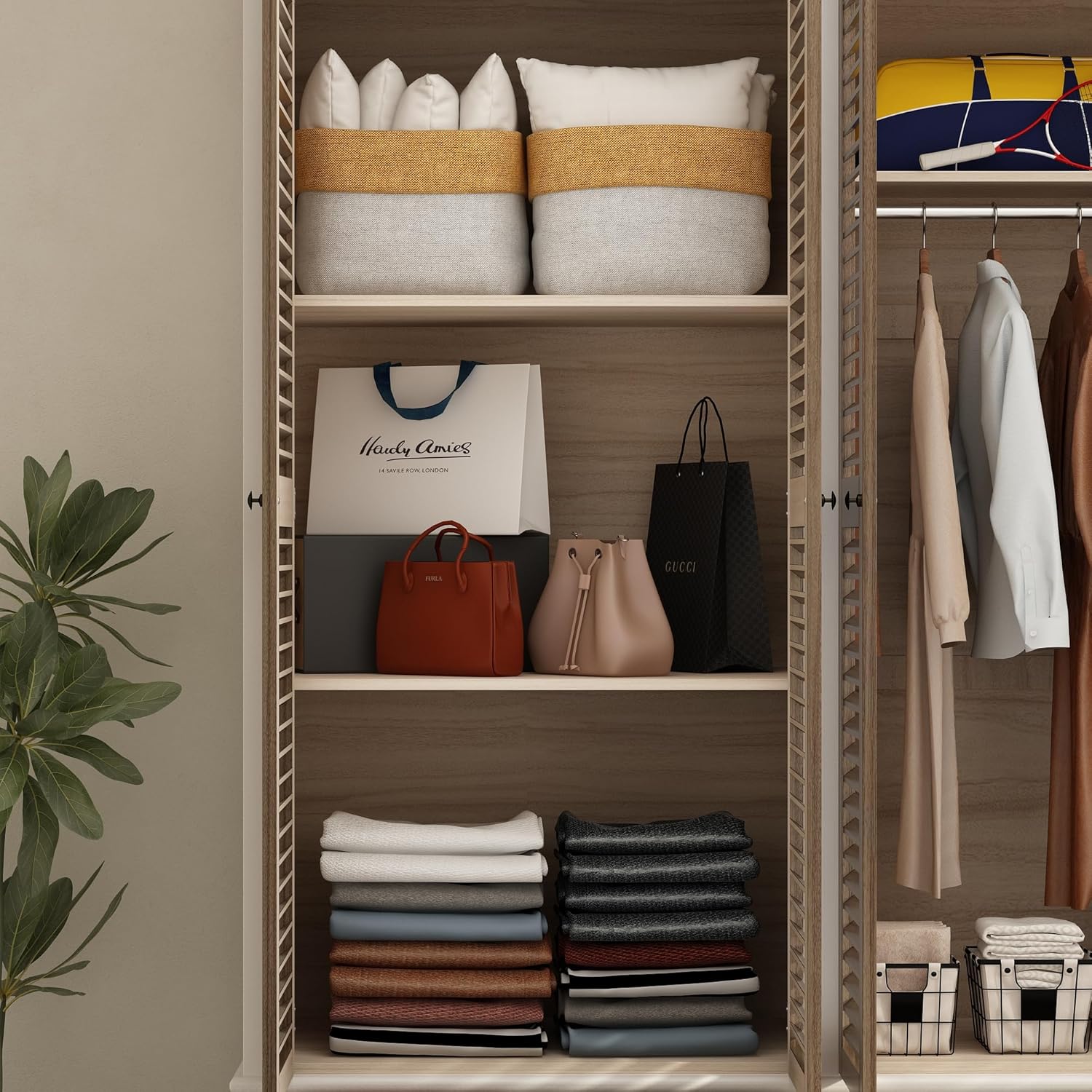 ECACAD 4 Doors Wardrobe Armoire with Louver Doors, Storage Shelves, 4 Drawers & Hanging Rod, Wooden Closet Storage Cabinet for Bedroom, Brown & White (63”W x 19.7”D x 74.8”H)