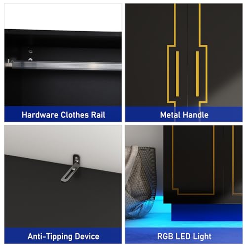 70in LED 4 Doors Armoires Wardrobe Closet&Cabinet with Metal Hanging Rod, Freestanding Bedroom Black Tall Armoires with RGB LED 60000-color Lights for Bedroom Office Clothes Organizer