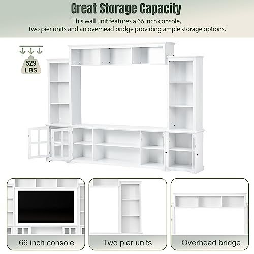 Entertainment Wall Unit with Large Storage Cabinets and Shelves Multifunctional TV Stand for TVs Up to 70" Modern 104" Wide Entertainment Center Wall Unit with Bridge, White