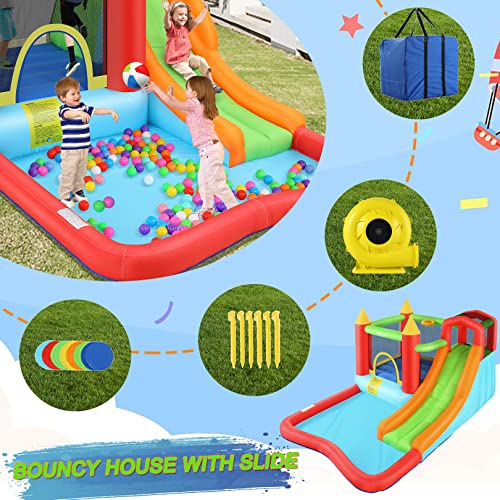 Bounce House with Ball Pit, Inflatable Bouncy House for Kids All in One Jumping Castle, Wide Slide, Ball Pool, Basketball Hoop, Dart Target, Blower Included for Indoor Outdoor Backyard Party