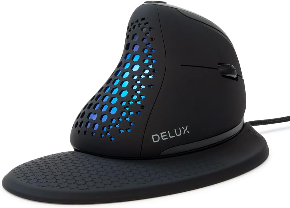 DELUX Seeker Wired Ergonomic Vertical Mouse with Thumb Wheel, Optical Computer Mouse with 6 Programmable Buttons, 4000 DPI, LED Backlight, Removable Wrist Rest for Carpal Tunnel(M618XSU-Black)