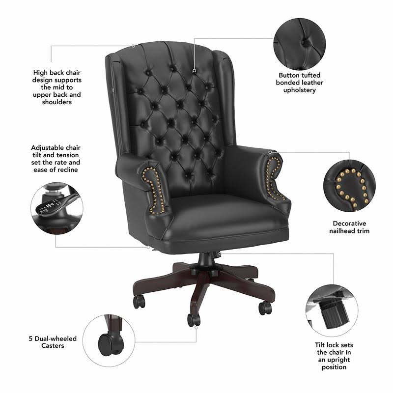 Bush Furniture Fairview Wingback Leather Executive Office Chair with Nailhead Trim in Black