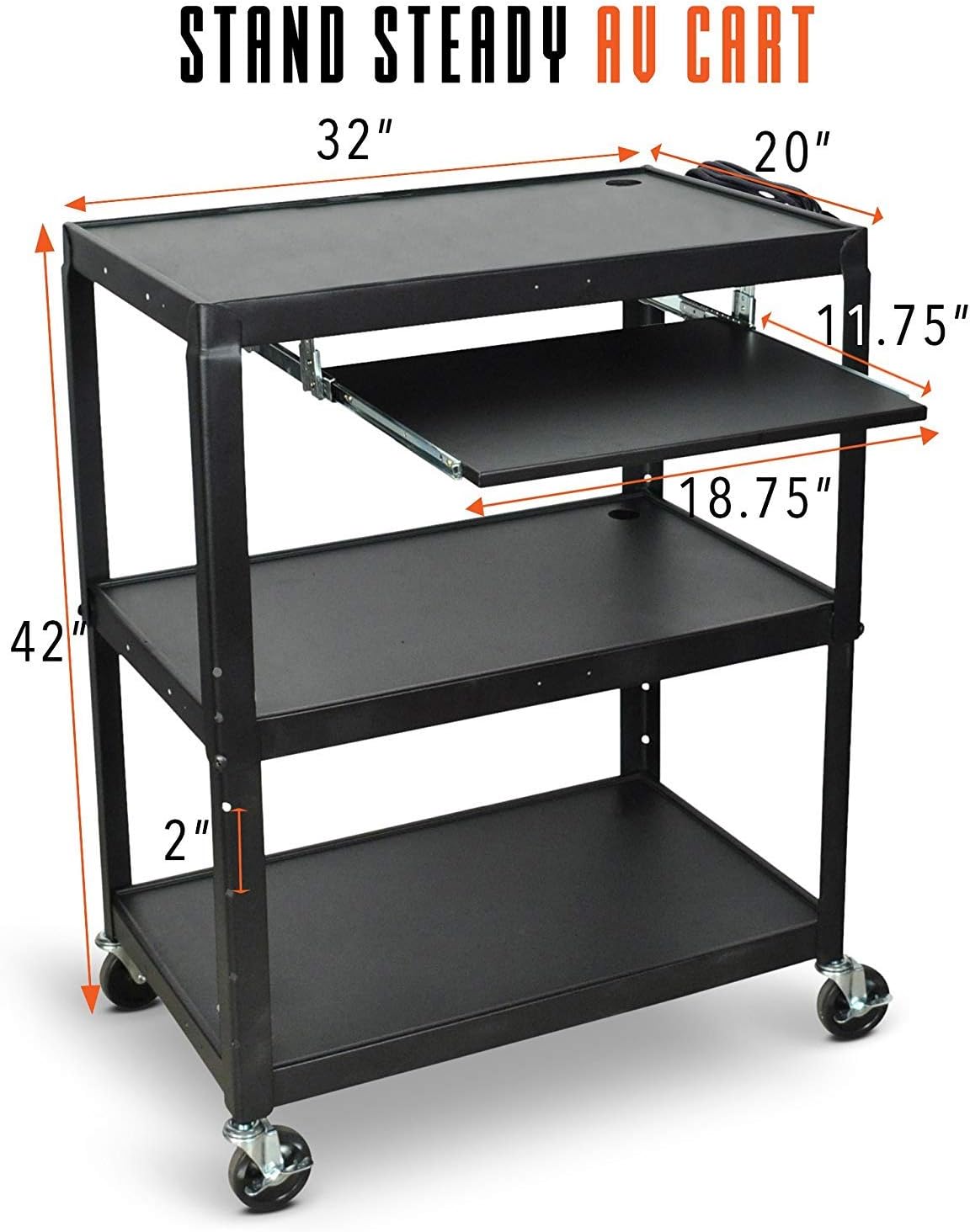 Line Leader Large AV Cart with Retractable Keyboard Tray | Height Adjustable Utility Cart | Includes Pullout Keyboard Tray & Cord Management | Easy Assembly (34in x 18in x 42in / Black)