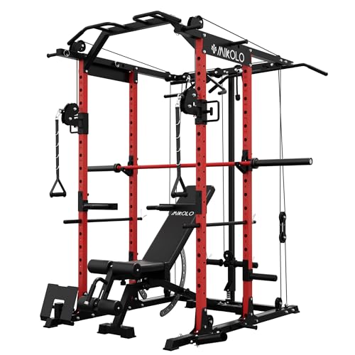 Mikolo Power Cage, Power Rack with Cable Crossover System, 1500LBS Squat Rack with LAT Pull Down System, Workout Cage with Pulley System for Fitness Home Gym