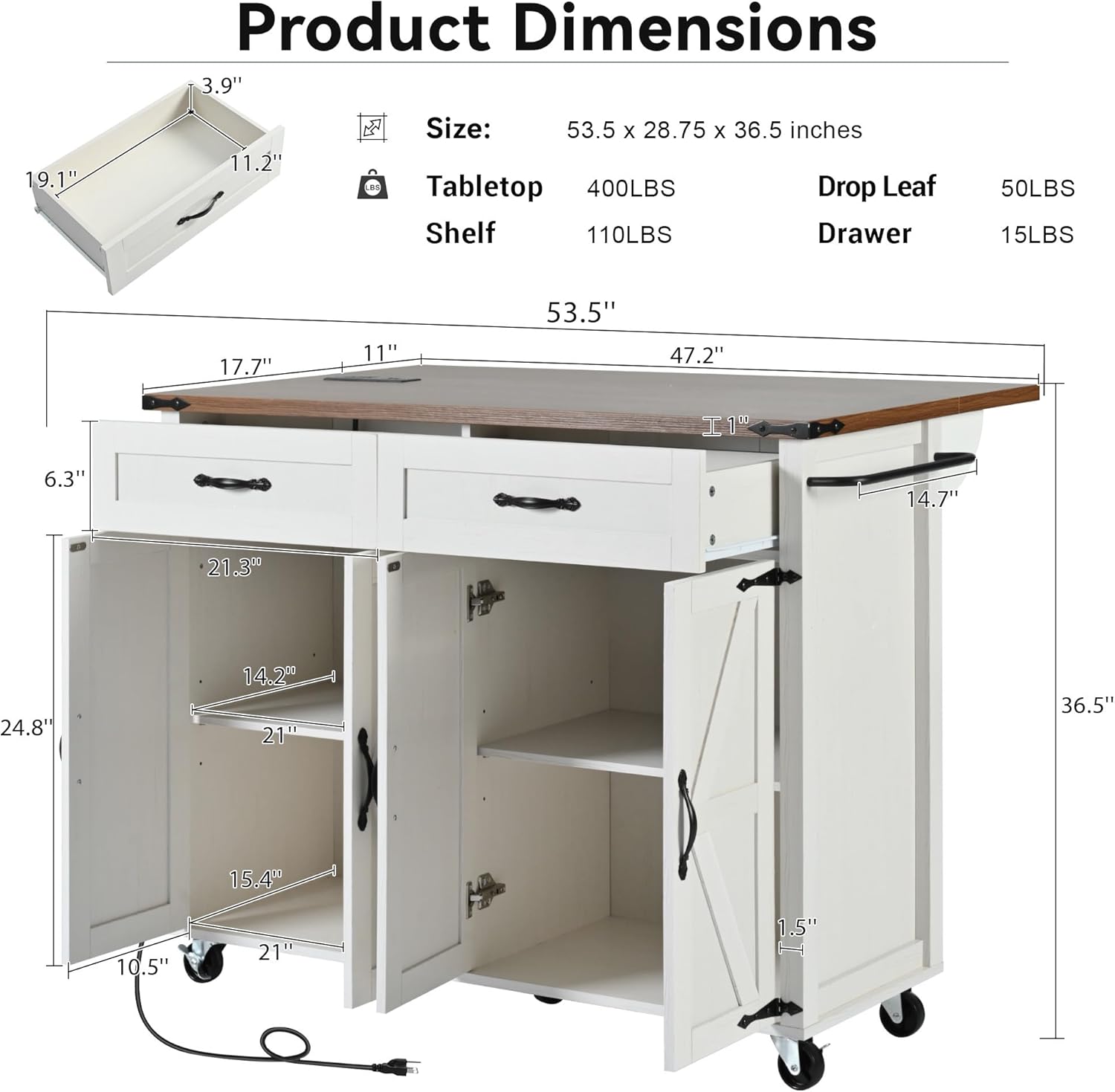 53.5Inch Kitchen Island with Power Outlet, Storage Cabinets Trolley with Drop Leaf, Spice Rack and Drawer, Rolling Kitchen Cart on Wheels, for Farmhouse and Dining Room, White